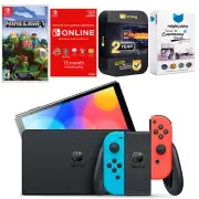 Nintendo Switch Neon Red/Blue OLED + Minecraft + NSO 1 Year Family Membership