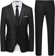 WULFUL Men's 3 Piece Slim Fit Suit Set Two Button Blazer Jacket Vest Pants Tuxedo Set for Party, Wedding and Business, Black, Medium