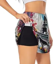 [GaxfjRu] Eiffel Tower Paris Painting Print Women's Running Shorts High Waisted Running Shorts Pocket Sporty Gym Elastic Short