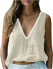 [Generic] Turtleneck Plus Size for Women Loose Sleeveless Lace V Neck Tee Shirts Summer Casual Blouses Tunic Top with Pocket Womens Tees