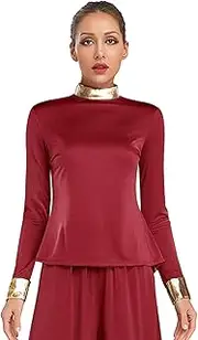 [TiaoBug] Womens Praise Dance Tops Metallic Shiny Long Sleeve T-Shirt Blouses Worship Lyrical Dancewear