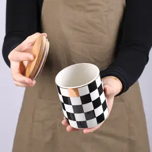 北歐幾何密封罐帶蓋陶瓷儲物罐子收納盒咖啡花茶雜糧糖果罐擺件