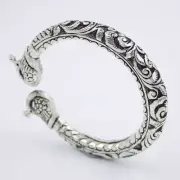Vintage Indian Hand Etched Peacock Tribal Cuff Bracelet in Sterling Silver