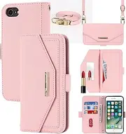Cavor Crossbody Wallet Case for iPhone 7/ 8/ SE 2020/ SE 2022 Case (4.7") Flip Cover Magnetic Leather Women Handbag Card Slots Holder Zipper Kickstand Purse with Detachable Shoulder Necklace Lanyard Strap--Rose