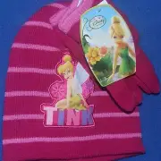 Disney Fairies Tinkerbell Girls Pink Beanie Hat & Gloves Cold Weather set New