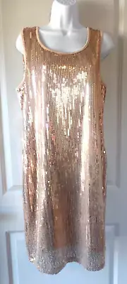 WOMEN'S, DRESS, NINA LEONARD, GOLD, SEQUIN, SLEEVELESS, SIZE L