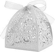 Auto-plaza 50 Pieces Beauty Laser Cut Favor Boxes DIY Wedding Birthday Gift Candy Boxes with Ribbons (White)