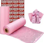 onesimcr Pink Honeycomb Wrapping Paper Wrap 15"x131' Sustainable Alternative to Bubble Wrap for Moving/Transporting/Packaging Rolls with 20 Fragile Stickers Biodegradable and Fully Recyclable…