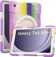 [Andnary] Case for Samsung Galaxy Tab A9+, Heavy Duty Shockproof Cover with Pencil Holder/360° Rotating Handheld Stand/Shoulder Strap, A9 Plus Case 11" 2023 for SM-X210/X216/X218, Colorful Purple