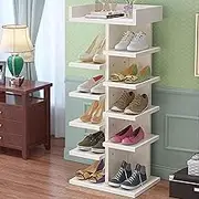 TINGTINGLI Wooden Shoe Rack, Vertical Shoe Rack, Multi-Tier Narrow Shoe Rack, Shoe Rack Organiser, Space Saving, Top with Shelf, Shelf Height Adjustable, Suitable for Closet, Entry Corner(White,6F)