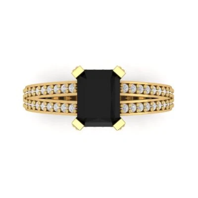 2.45Ct Emerald Cut Natural Onyx Gold Solitaire with Accents Engagement Ring