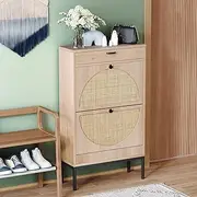 Yechen Shoe Rack Storage Organizer with 2 Natural Semi-Circular Rattan Doors, Entryway Wooden Shoe Cabinet for Sneakers, Leather Shoes, High Heels, Slippers (1 Piece, Oak)