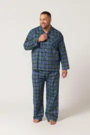 Mens Contare Sizes S-7XL Green Blue Cotton Flannel Long Sleeve Pyjama Set Pjs