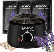 Vivva Basic Waxing Kit, Black Wax Warmer Hair Removal Adjustable Temperature with 300g Hard Wax Beans Lavender Flavour and 10pcs Wooden Applicator Sticks Painless for Legs, Face, Underarm, Bikini