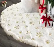 60" White Faux Fur Christmas Tree Skirt with Gold Sequin Snowflake Decoration