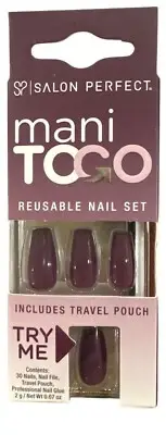 Salon Perfect 30 Nails Mani To Go Long Coffin Glossy Plum Purple Reusable Nails