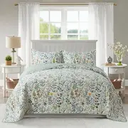 Cotton Bedspread Quilt Sets-Reversible Patchwork Coverlet Queen Green Floral