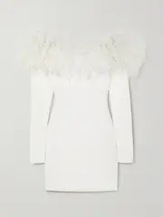 [Alessandra Rich] Alessandra Rich - Off-the-shoulder Feather-trimmed Stretch-cady Mini Dress - White - IT36 IT 36 White
