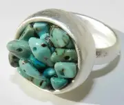 Exclusive Unique Hammered Silver Plated 925 Ring Set With Turquoise Stones Sz 8