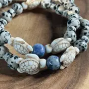 Sea turtle blue dot stone Dalmatian jasper stretch bracelet crystal beaded