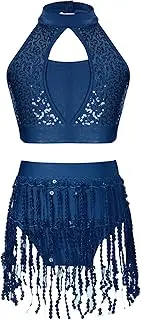 [Oyolan] Kids Girls Halter Neck Tank Top With Sequins Fringe Shorts Set Modern Jazz Latin Samba Performance Costume