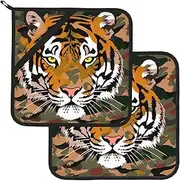 2 Pack Pot Holders for Kitchen Heat Resistant Potholders Camouflage Print Tiger Head Pot Holders Set Washable Hot Pads with Loop Non Slip Potholders for Cooking Baking BBQ Microwave 8 x 8 Inch