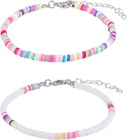 [KINBOM] 2pcs Bohemian Anklet, Soft Pottery Flat Bead Anklets Bracelets Stylish Colorful Ankle Bracelets String Foot Chain for Women(White, Colored), Pottery