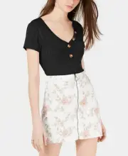 Hippie Rose Juniors' V-Neck Button Ribbed Top Black Size X-Small