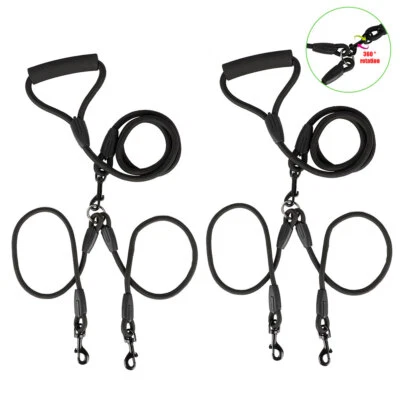 Dual Dog Leash No Tangle Coupler Nylon for Two Large Small Dogs Double-head Rope