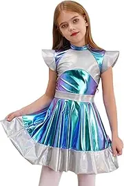[Fldy] Girls Alien Dress Shiny Metallic Astronauts Dress Kids Halloween Festival Party Outer Space Outfit