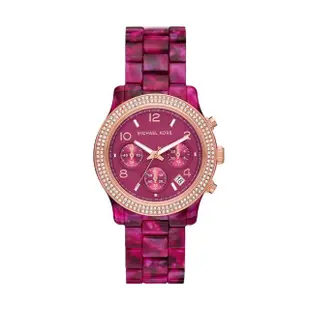 【Michael Kors 官方直營】Runway 紅艷環鑽三眼女錶 桃紅色樹脂錶帶 手錶 38MM MK7425