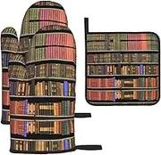 Library Bookshelf Print Heat Resistant BBQ Gloves Oven Mitts and Pot Holders Set for Kitchen Baking Set