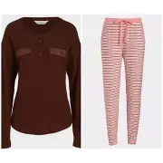 Peter Alexander Women’s Fuzzy Stripe PJ Pants/Chocolate LS Henley - XXS BNWT