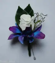 LATEX SILK WEDDING FLOWER BLUE SINGAPORE ORCHID WHITE ROSE CORSAGE BUTTON HOLE