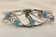 Signed Native American Navajo Sterling Silver Rose & 5 Stone Blue Opal Bracelet