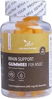 Ved Brain Support Gummies for Adult ; BSA Chews Lemon Flavour, Raw Unfiltered Omega 3-6-9 & DHA Gummies, Vegetarian Vegan Health Supplement for Men and Women- 60 Chews 20 Days’ Supply