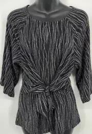 Anne Klein Sparkle Womens Blouse Black Silver Evening Tie Front Size Medium NEW