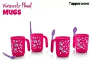 Tupperware Set Of 4 Pink Floral Mugs Stacking Cups with Lavendar Spoons 11oz-NEW