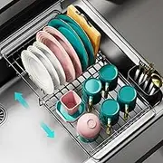 Expandable Dish Drying Rack Over The Sink, Adjustable Dish Rack in Sink, Rustproof Dish Drainer for Kitchen Counter, Dish Strainer with Utensil Holder