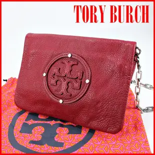 美國【TORY BURCH】紅色真皮大LOGO銀鍊輕巧斜背包