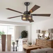 Farmhouse Caged Ceiling Fans with Lights and Remote, 48 Inch Black Bedroom Ce...
