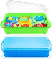 QGGTQG Sandpit with Lid, Sensory Bin with Lid for Children, Plastic Tray, Sandpit Cover, Sensory Sandbox Container for Water, Sand, Beads and More (Green and Blue)