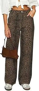 [LaurelTree] Women's Y2K Oversized Baggy Leopard Print Wide Straight Leg Jeans Stretchy High Waisted Cheetah Cargo Denim Pants