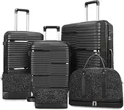 [RUNCODE] Travel Luggage Sets with Spinner Wheels and TSA Lock, Lightweight ABS Hard Shell Carry On Suitcase Set with 360° Double Wheels for Traveling Women, Black, Large, Hardshell Luggage Sets