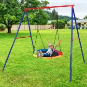 CostwayExtra Large A-Frame Steel Swing Stand with Ground Stakes for Indoor and Outdoor-Red