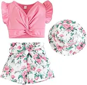 [Huloretions] Baby Girl 3 Pieces Outfits Casual Flutter Sleeve Tank Top Floral Print Shorts Set With SunHat Summer Clothes, Pink Shirt +Floral Pants + Hat