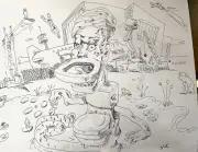 Illustration Pen Sketch Figures Animals People 11x14 Original BVC Paper Ink
