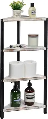 4 Tier White Wood and Black Metal Bathroom Corner Standing Shelf, Corner Shelf