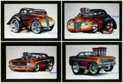 4 Muscle Machines Cars Black With Flames Poster Prints Art Rohan Day 11" by 17"