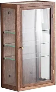 Walnut Countertop Cabinet Wall Organizer Pantry Storage Cabinet with Glass Door, Clear Glass Display Case for Figures Collectables, Medicine Cabinet(Brown,S)